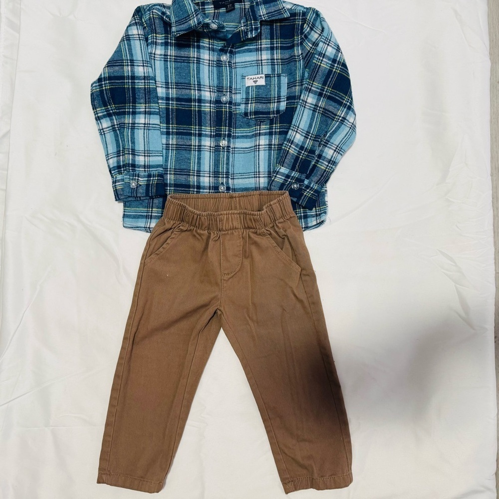 Tahari Matching Boys Size 2T Blue Plaid Shirt and Tan Pants Set Logo EUC Casual